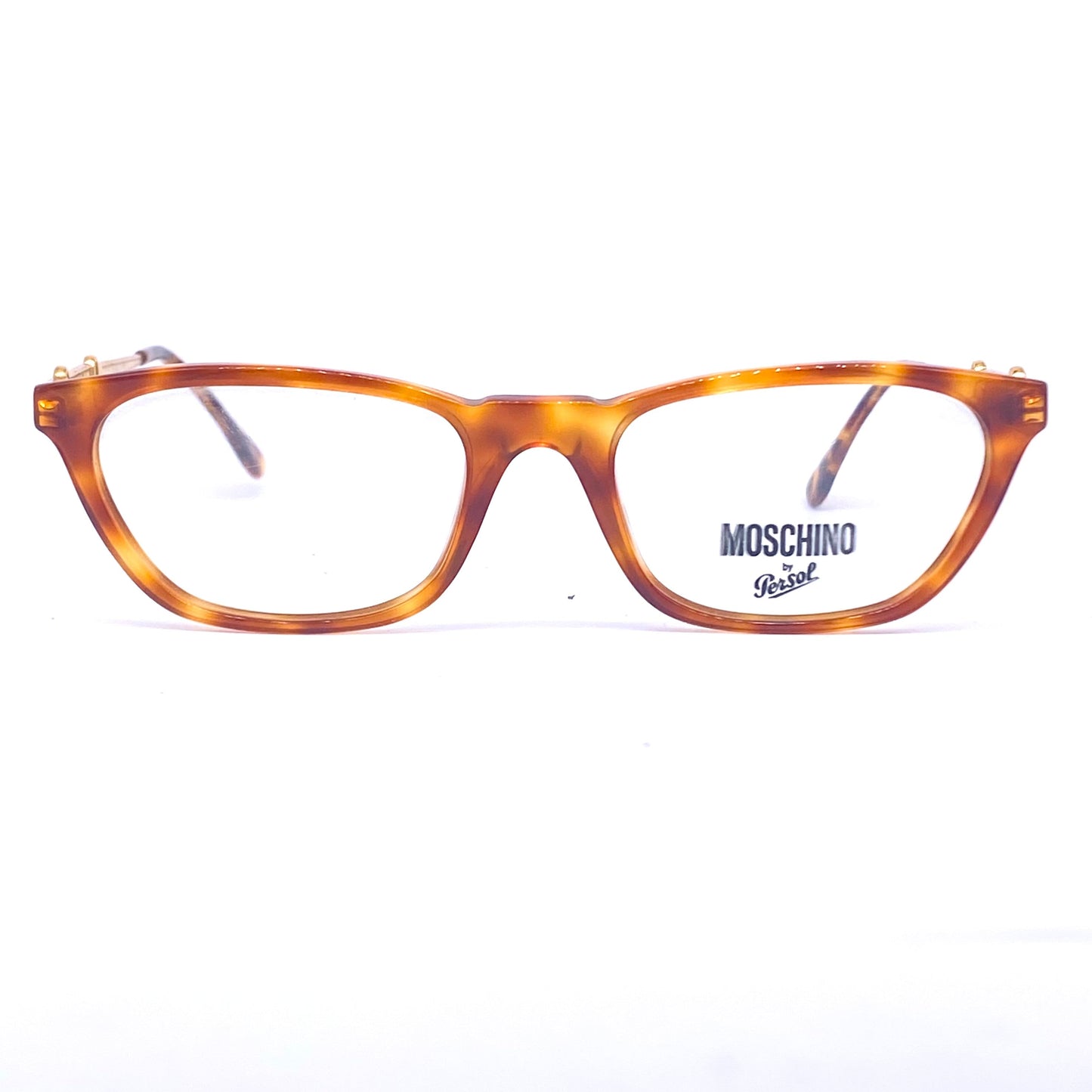 Moschino Persol square demi blonde eyeglasses with carved golden metal belt/buckle temples, so cute and minty