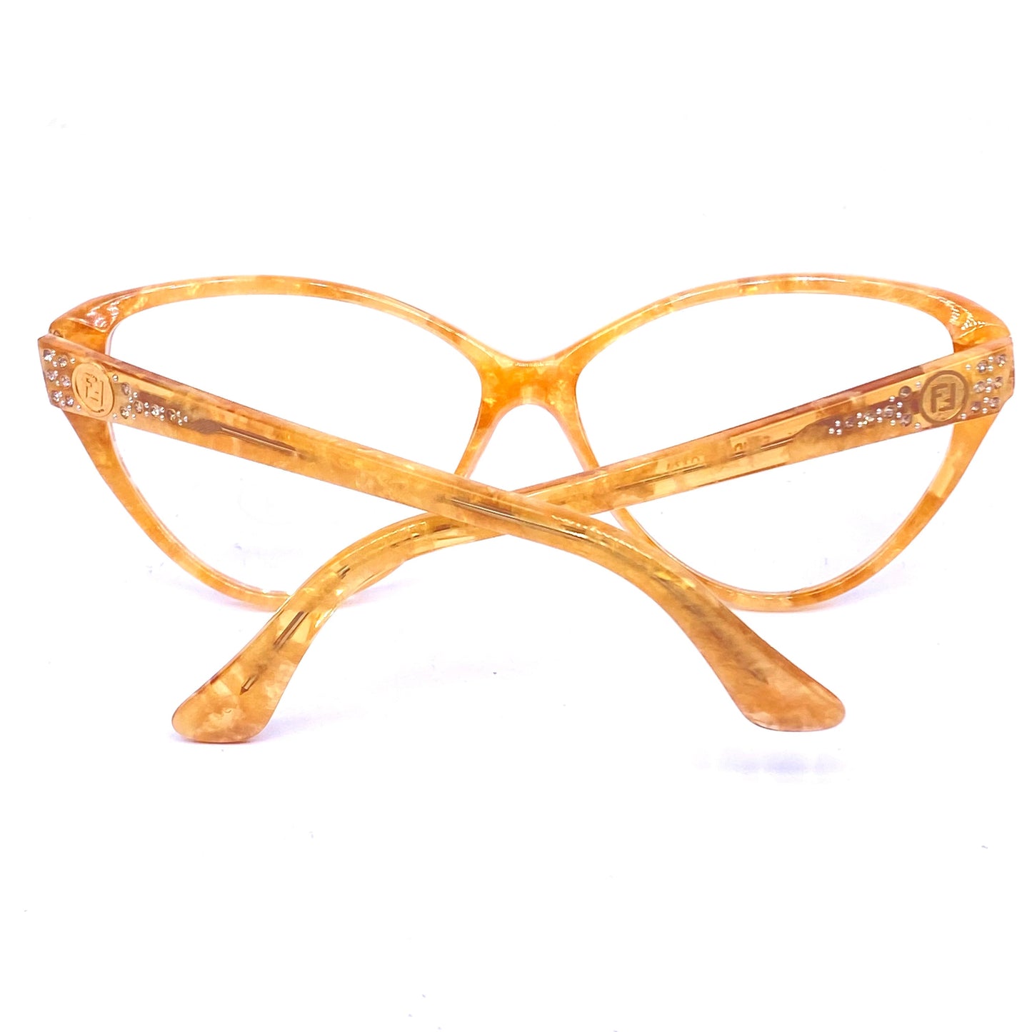 Fendi light amber marbled cateye eyeglasses with rhinestones and F logo