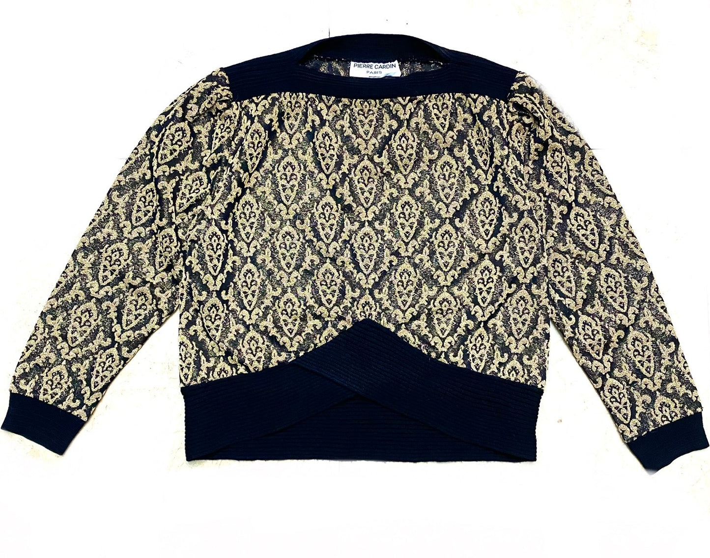 Pierre Cardin black/gold wool knit damask allover boat neck top, mint