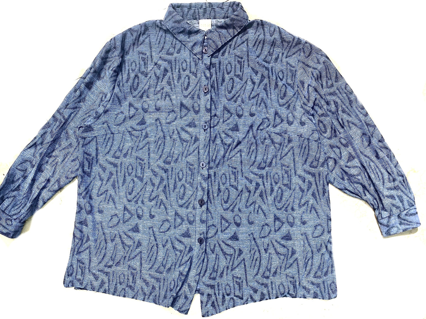 1990 Avi Blue abstract graffiti allover rib knit viscose shirt, oversized fit