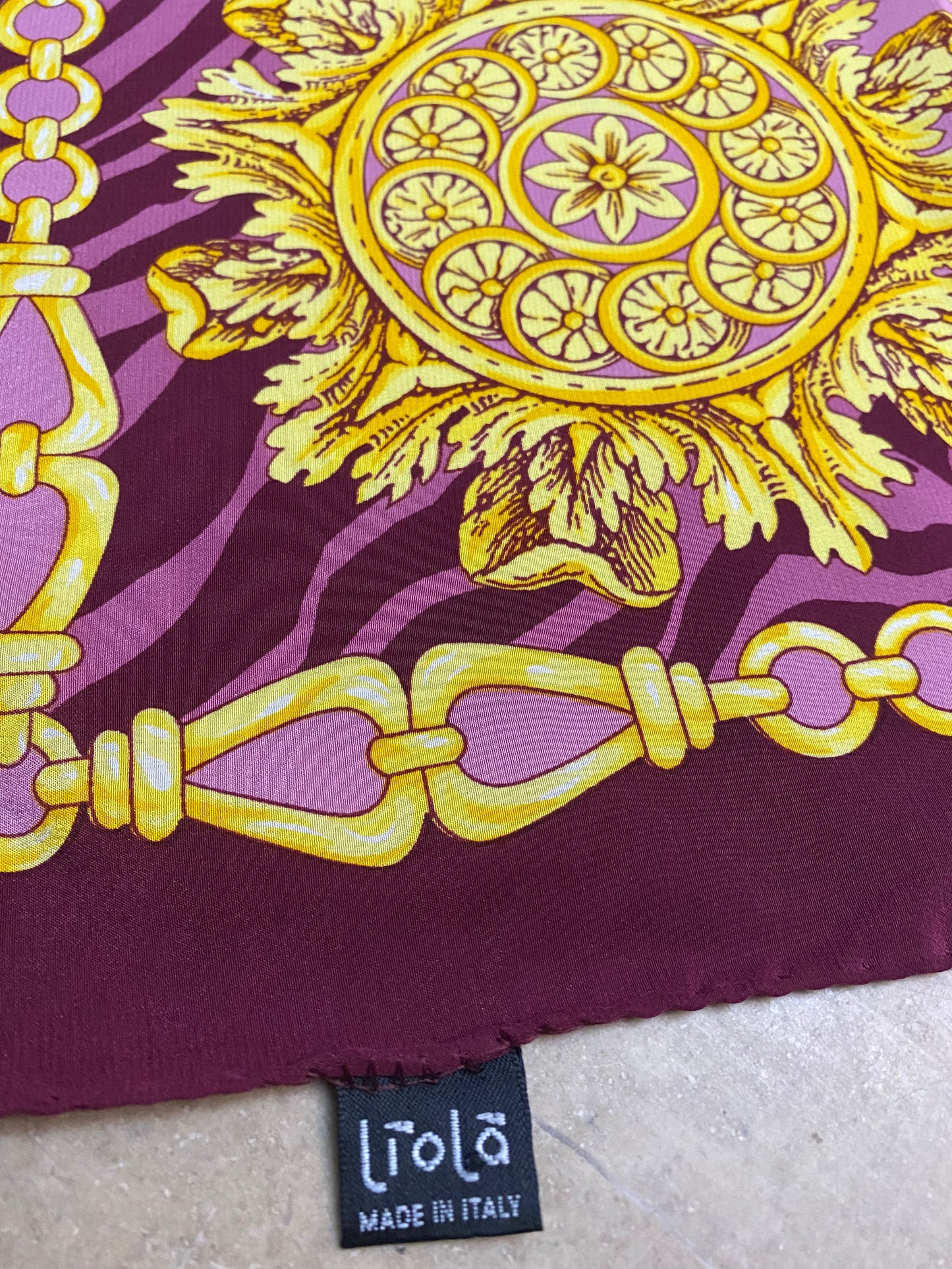 Liolá purple tiger/baroque print pure silk scarf BNWT