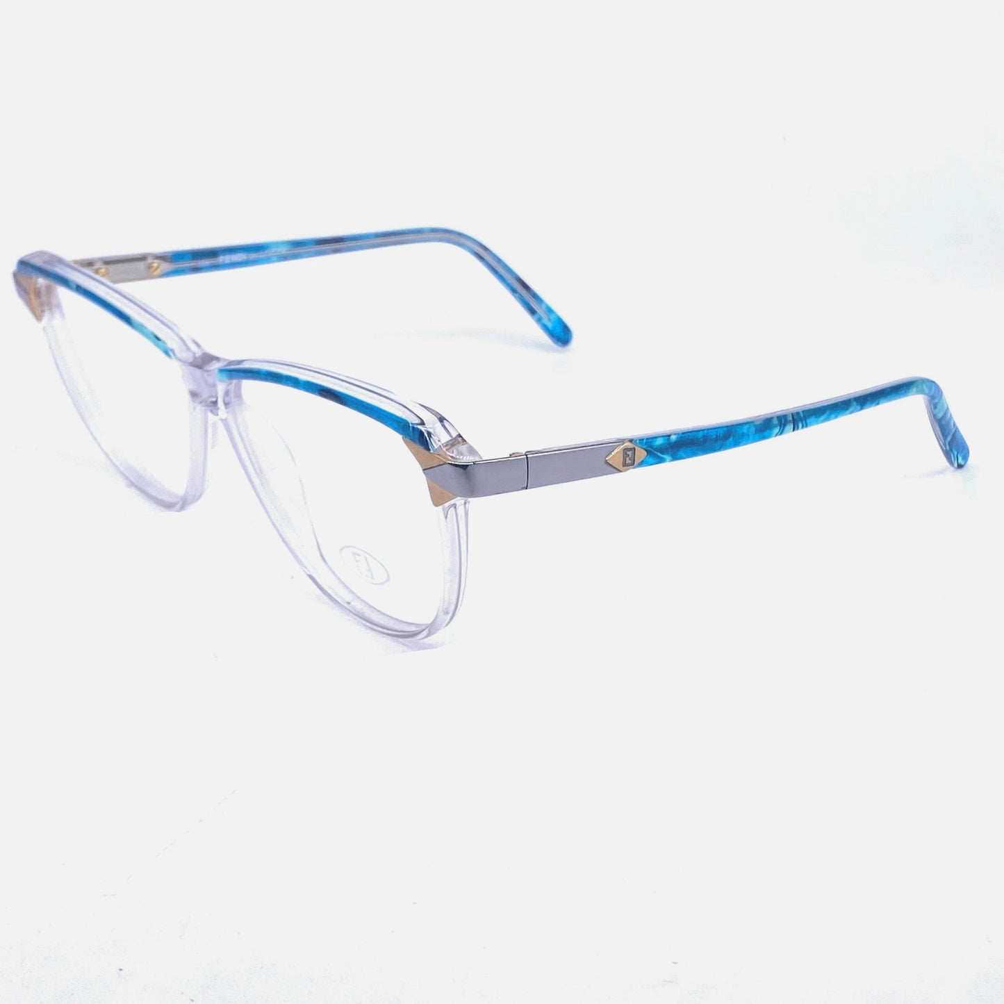 Fendi FV87 clear drop shaped cateye with blue marbled brows and silver/gold hinges and logo