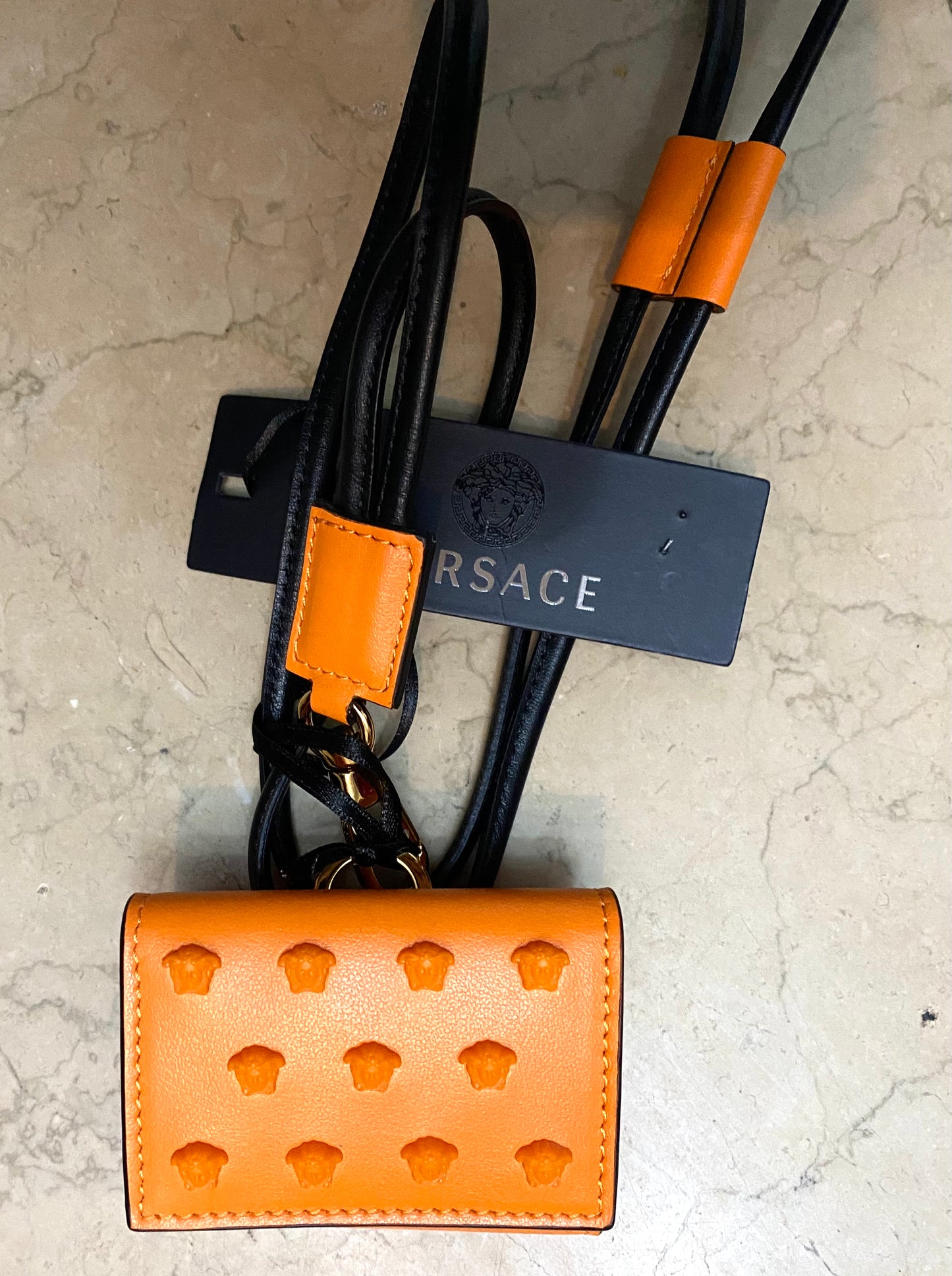 Versace micro AirPods bag orange leather with medusa studs, BNWT