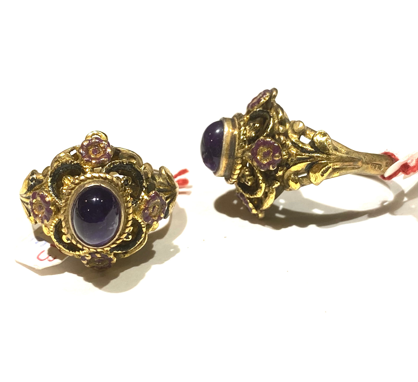 Amethyst & purple daisies gold plated 925 silver ring, 60s NOS