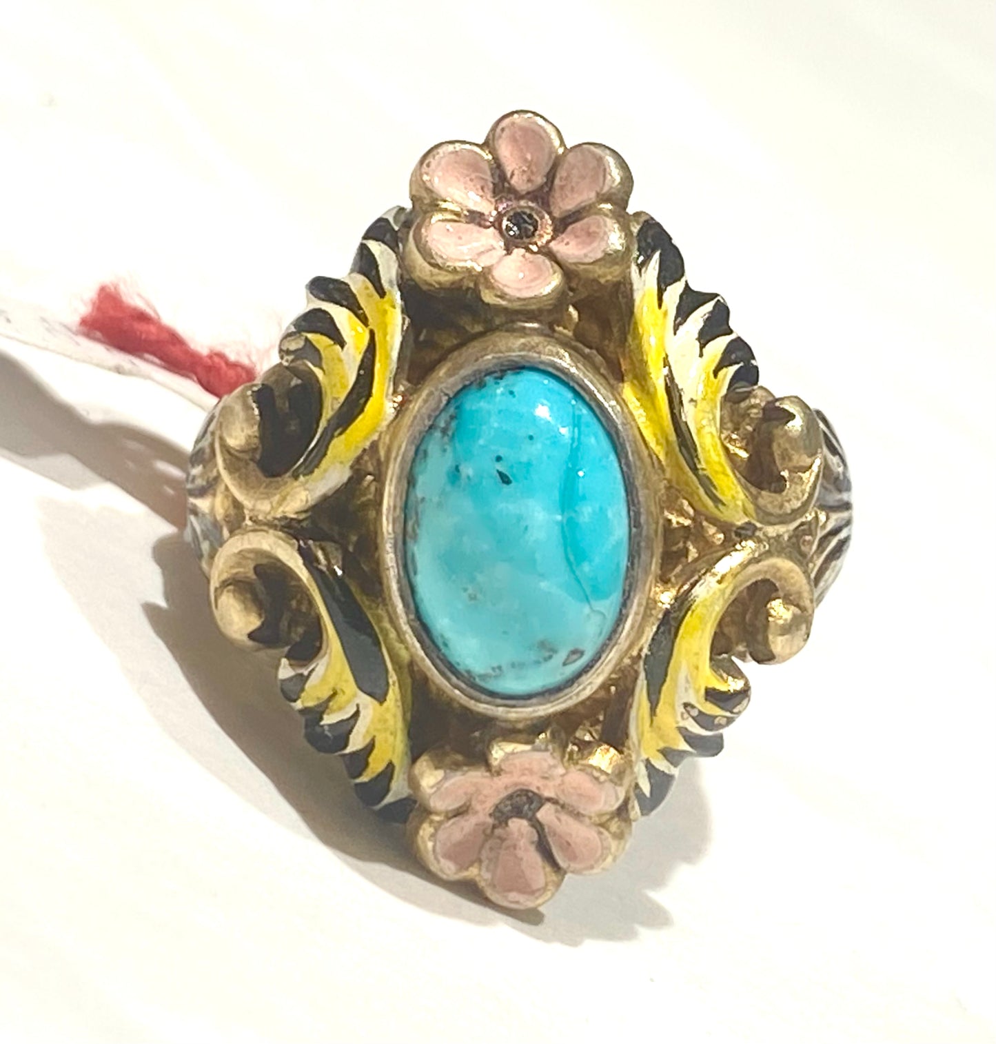 Turquoise cameo & pink enamel gold plated 925 silver ring, 60s NOS