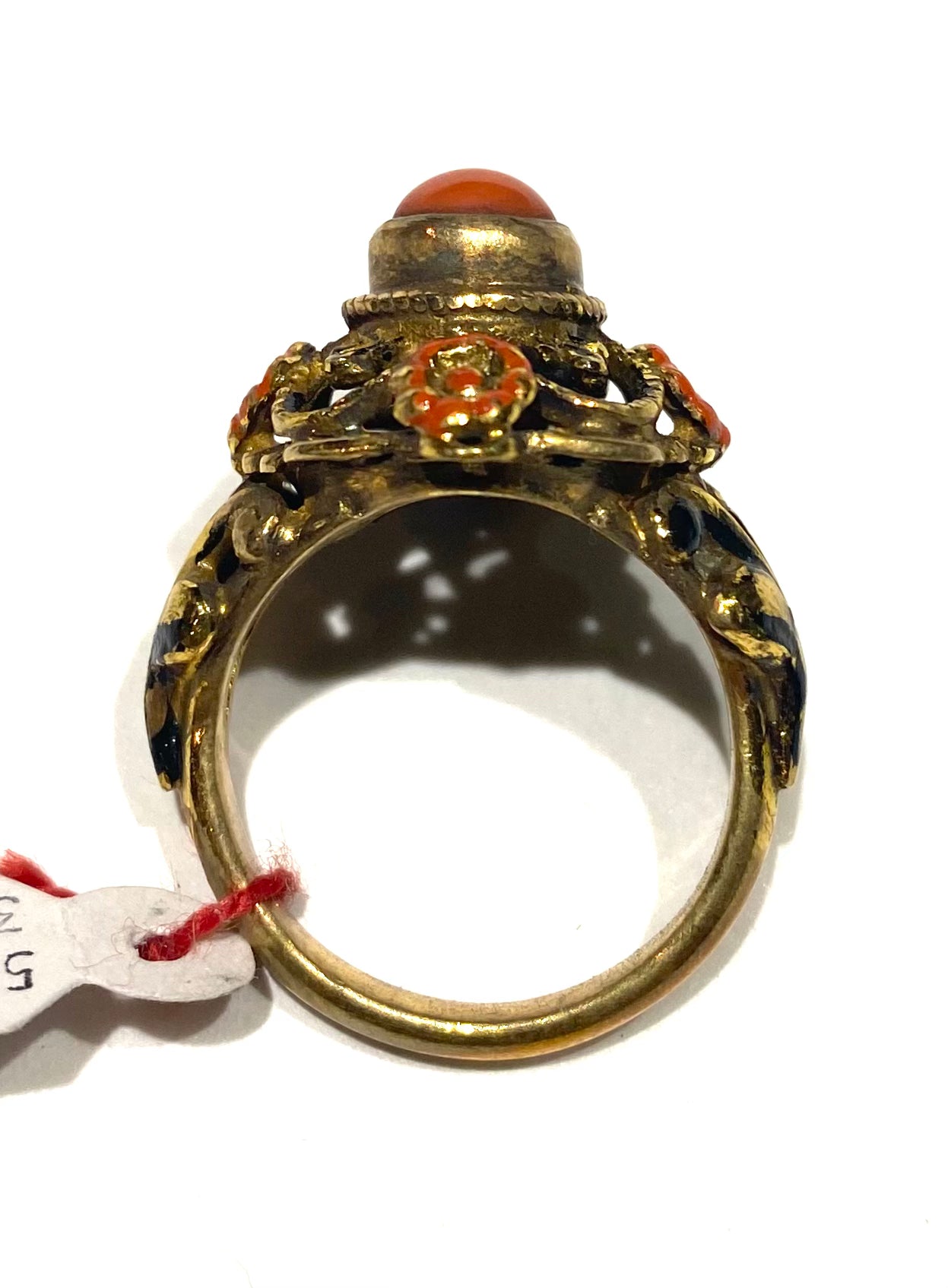 Baroque gold plated ring with natural coral & hand enamels, NOS 60s