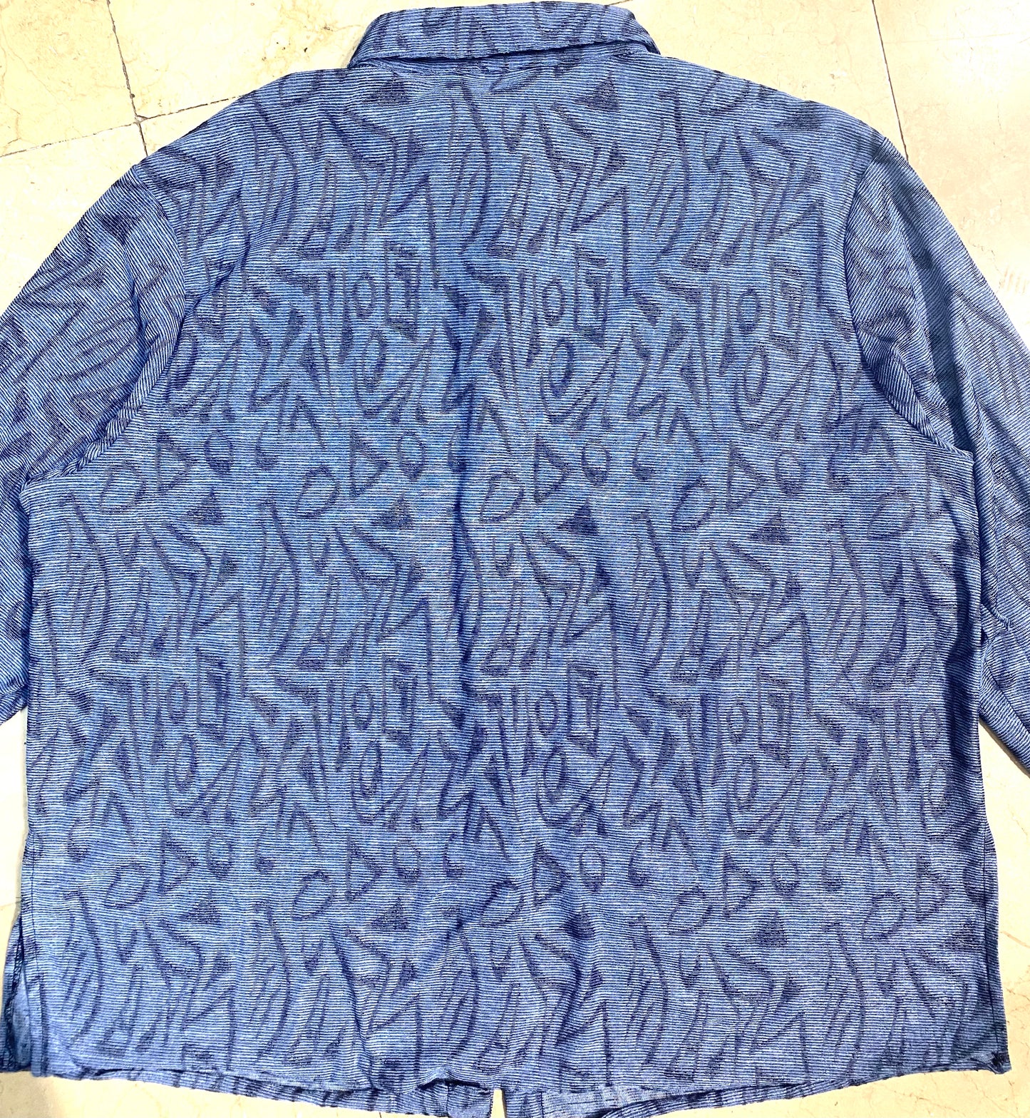 1990 Avi Blue abstract graffiti allover rib knit viscose shirt, oversized fit