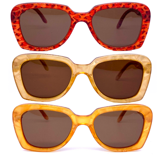 Fiorucci square oversized sunglasses available in yellow, orange and red leopard, Made in Italy 1980s NOS