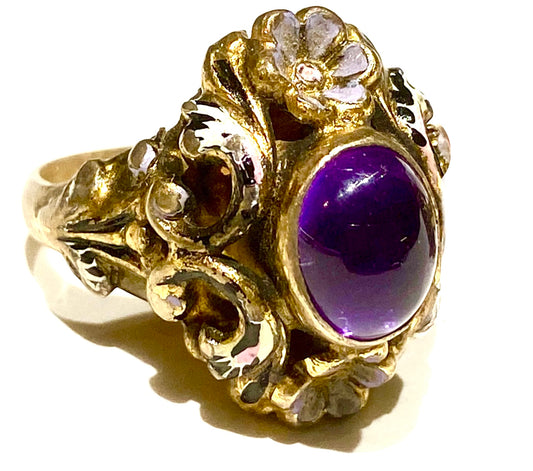 Amethyst cameo & lilac enamel flowers gold plated 925 silver ring, 60s NOS