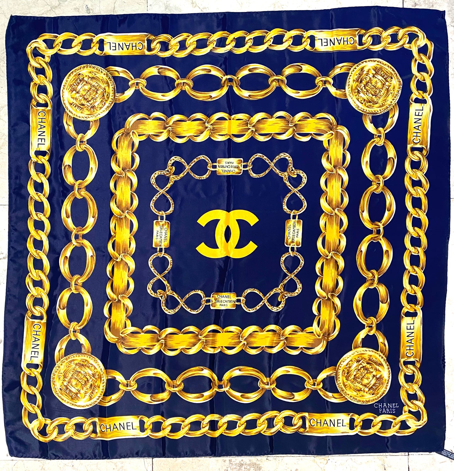 Chanel Paris iconic golden chains silk scarf, great condition