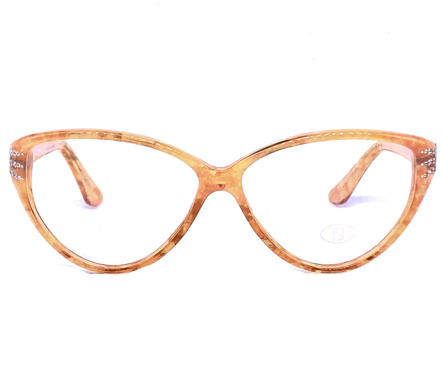 Fendi light amber marbled cateye eyeglasses with rhinestones and F logo