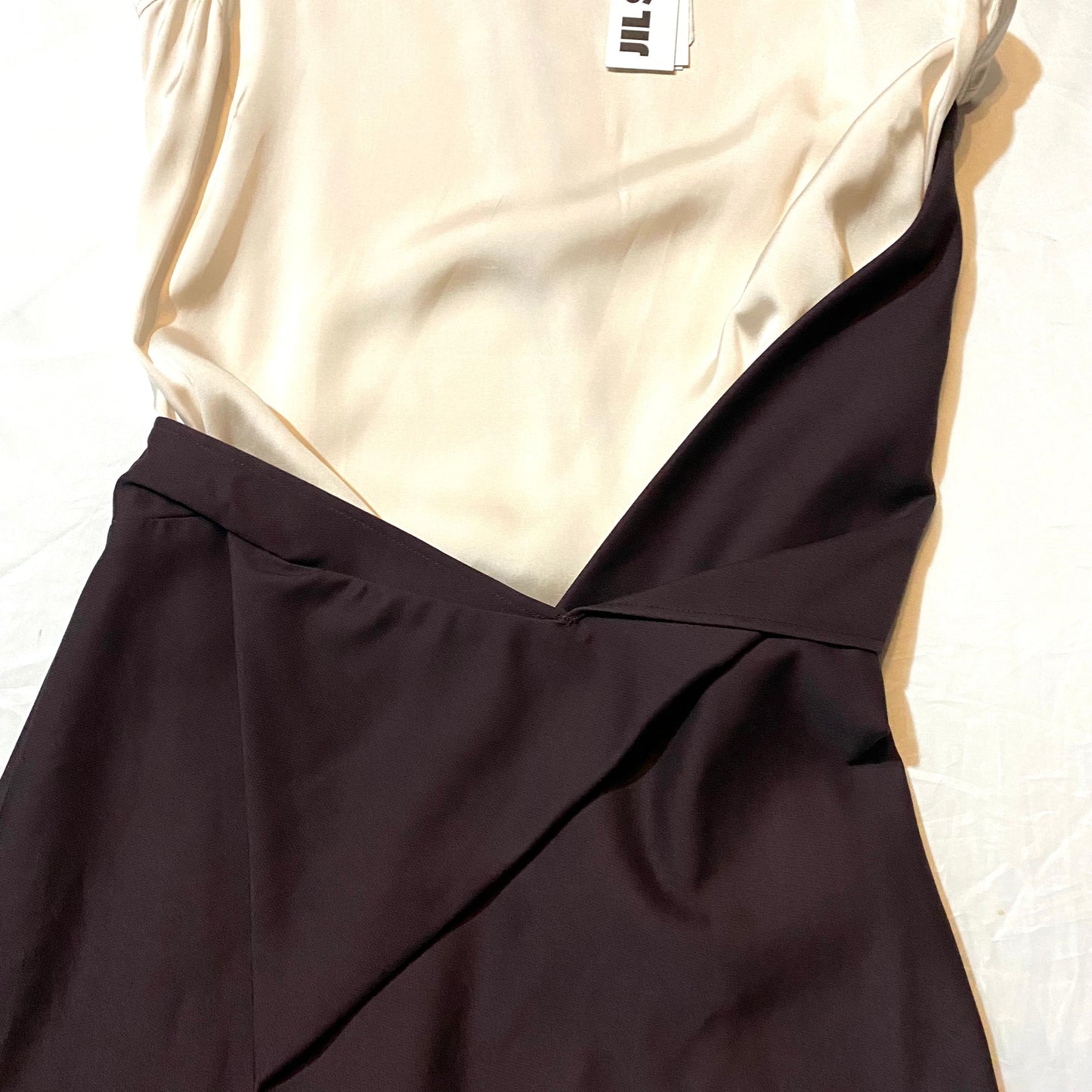 Jil Sander S/S 2015 classy minimalist ecru silk & brown cotton dress, beautiful asymmetric pattern, New, W-Tags