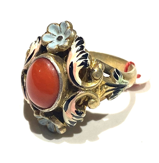 Coral cameo & light blue enamel gold plated 925 silver ring, 60s NOS