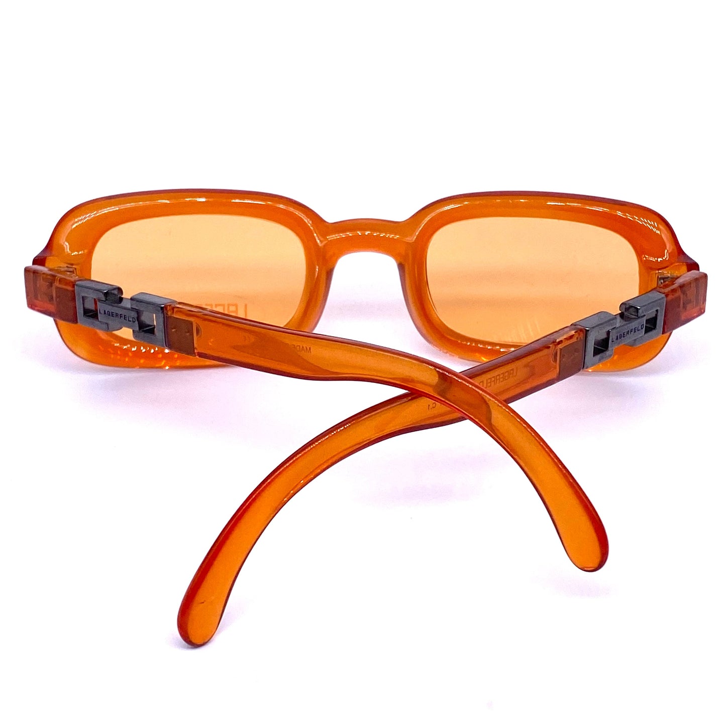 Karl Lagerfeld square orange sunglasses with chain temples detail, NOS 90s France