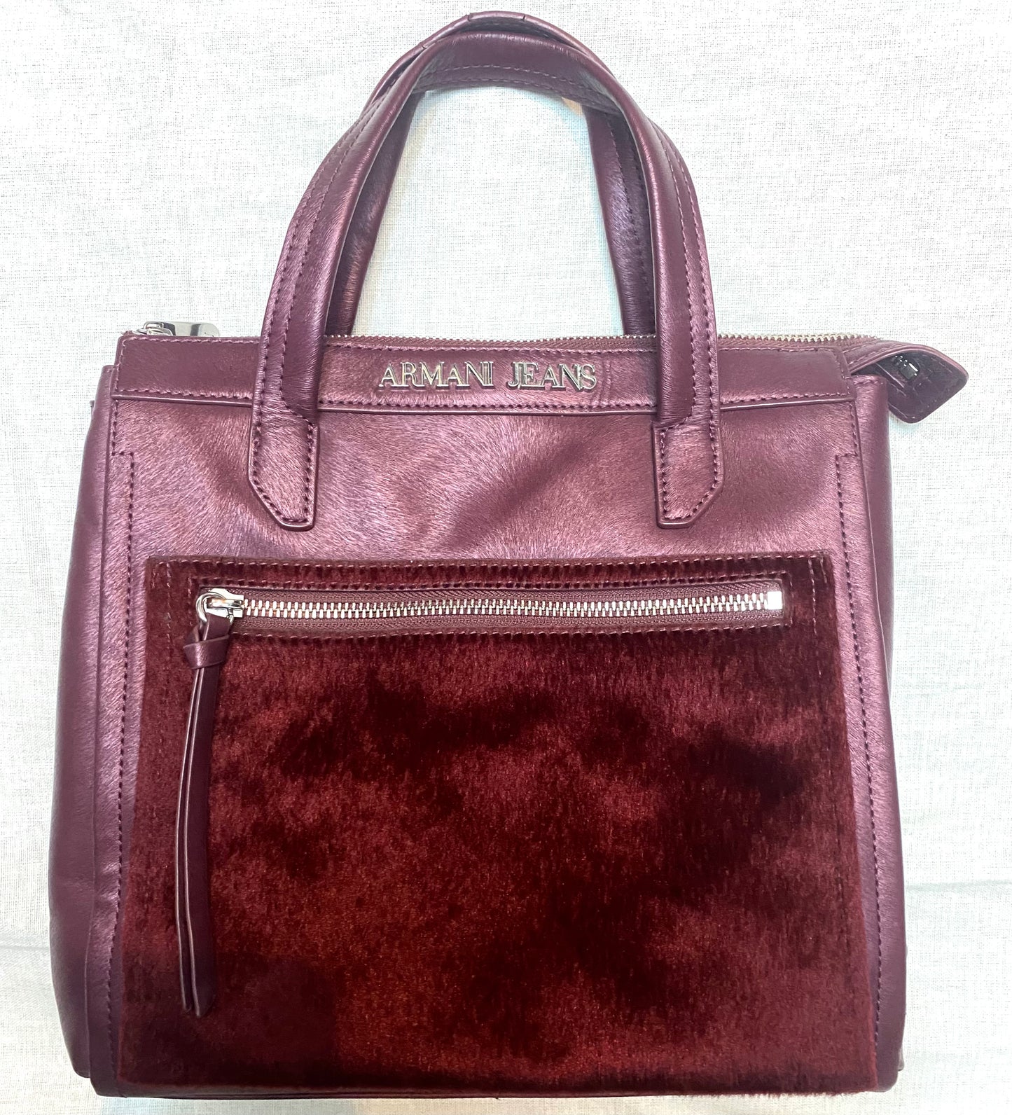 Armani Jeans burgundy vegan leather-fur bag, as new