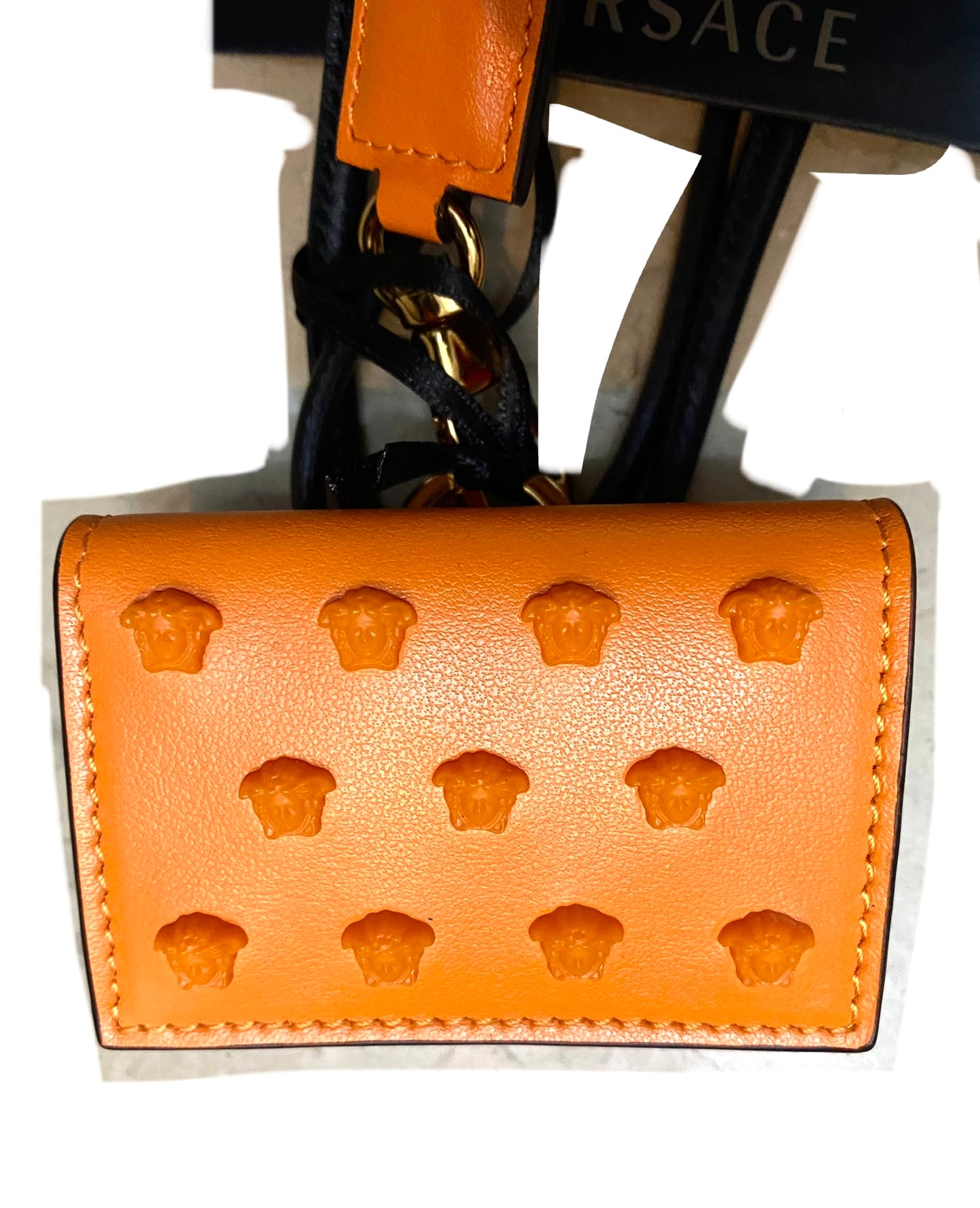 Versace micro AirPods bag orange leather with medusa studs, BNWT