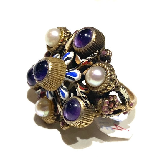Round windstar, pearls & amethyst spheres 925 gold plated rings, NOS 60s