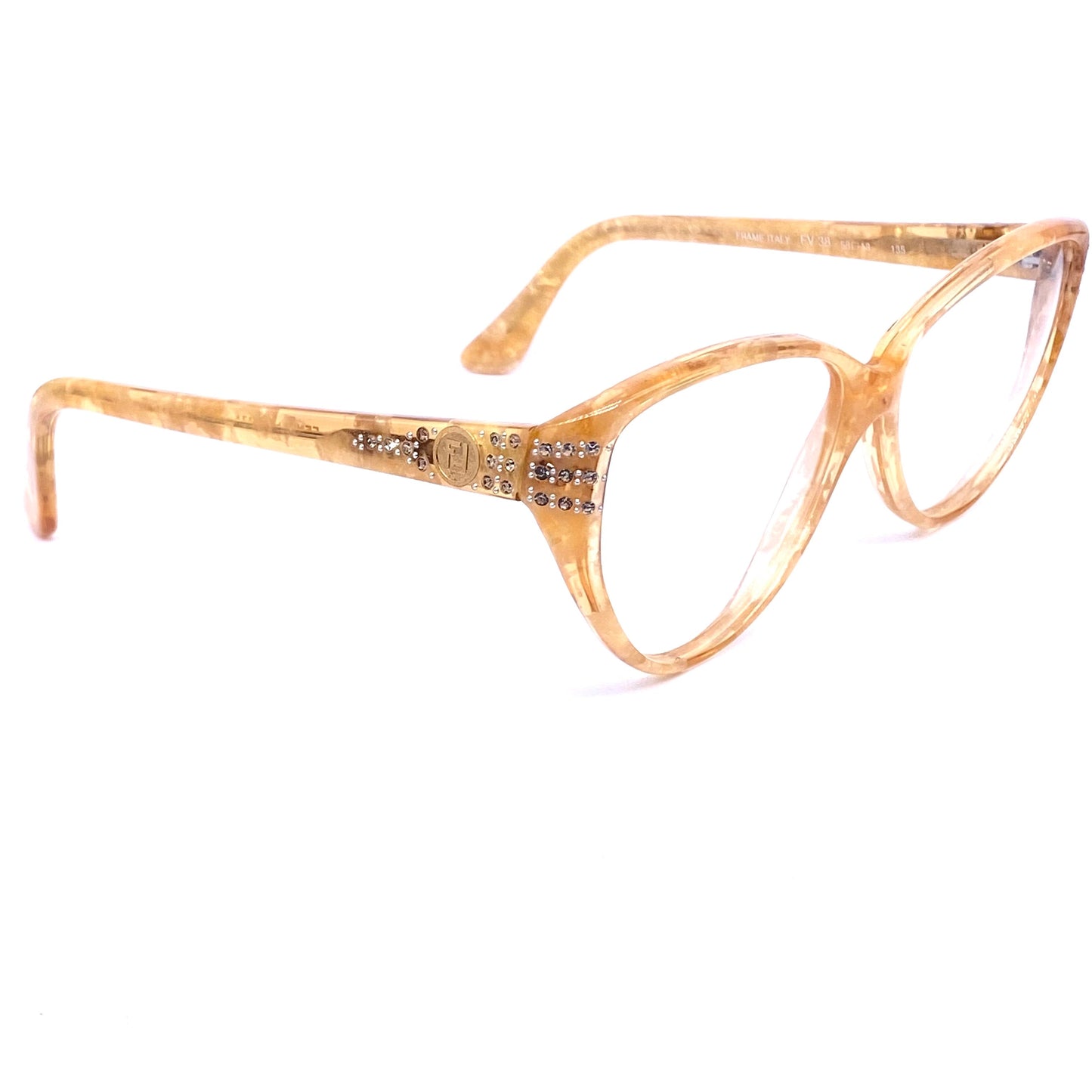 Fendi light amber marbled cateye eyeglasses with rhinestones and F logo