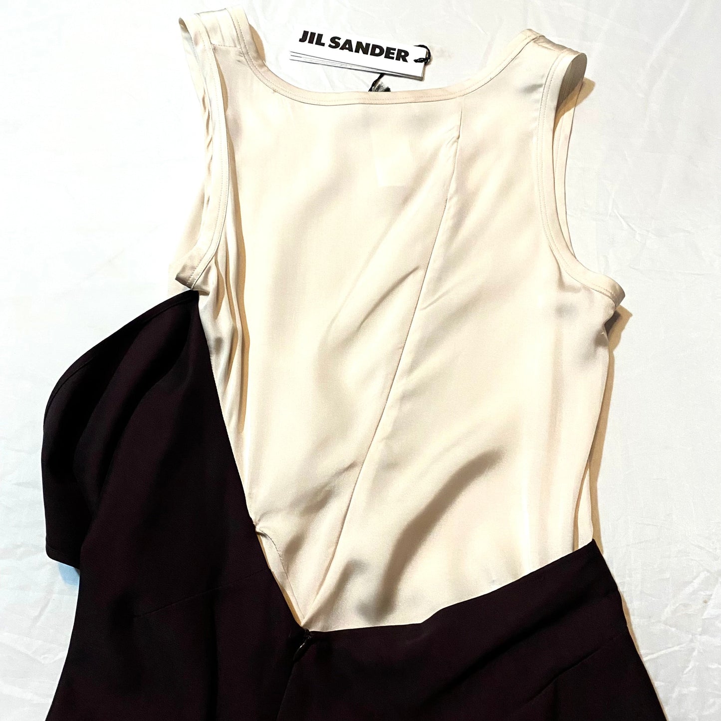 Jil Sander S/S 2015 classy minimalist ecru silk & brown cotton dress, beautiful asymmetric pattern, New, W-Tags