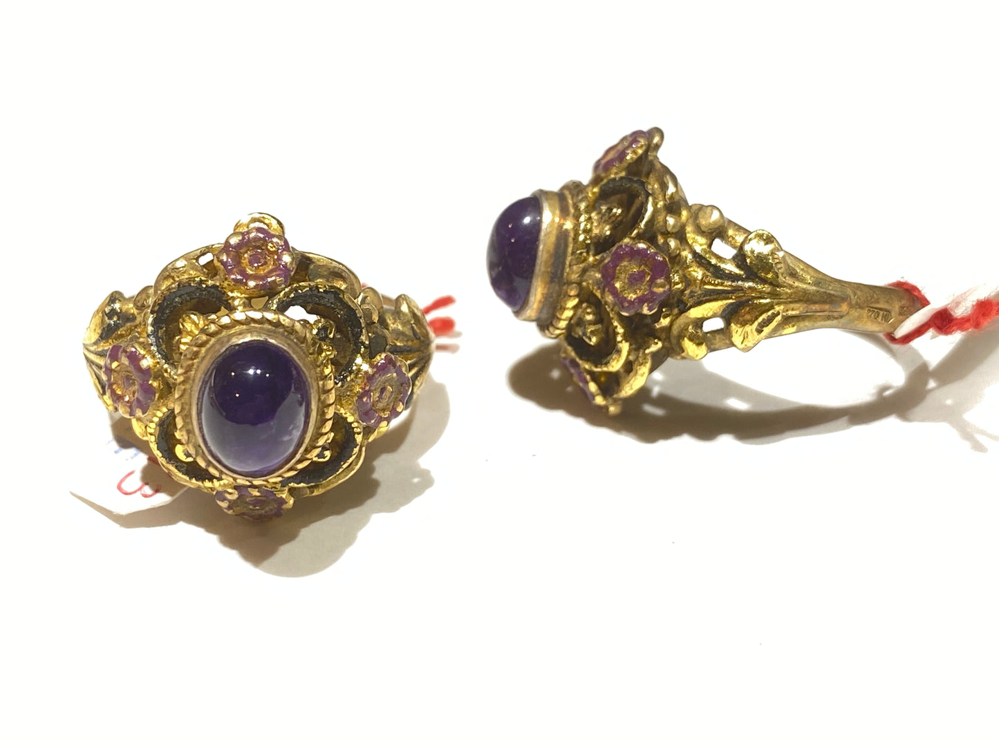 Amethyst & purple daisies gold plated 925 silver ring, 60s NOS