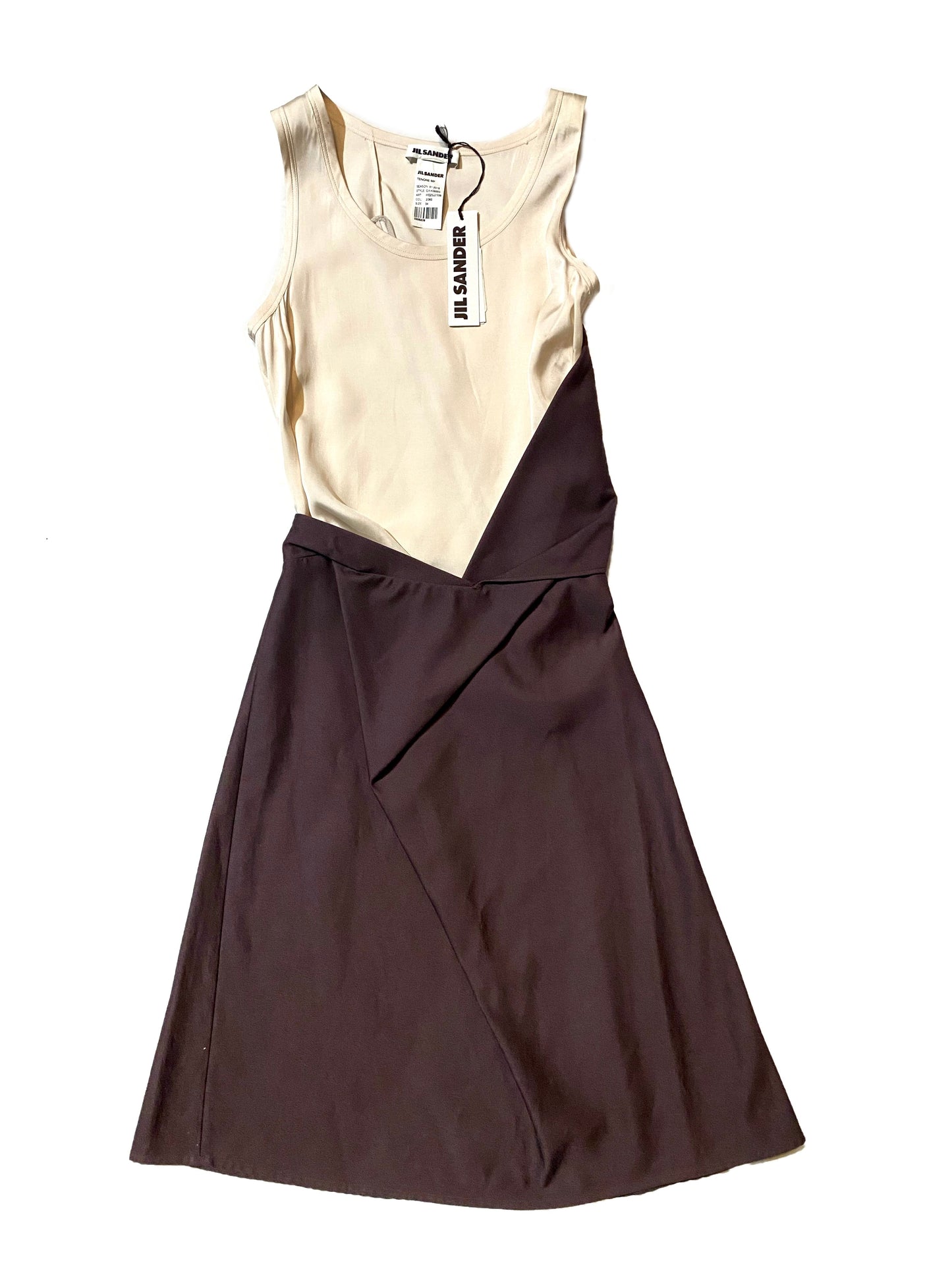 Jil Sander S/S 2015 classy minimalist ecru silk & brown cotton dress, beautiful asymmetric pattern, New, W-Tags