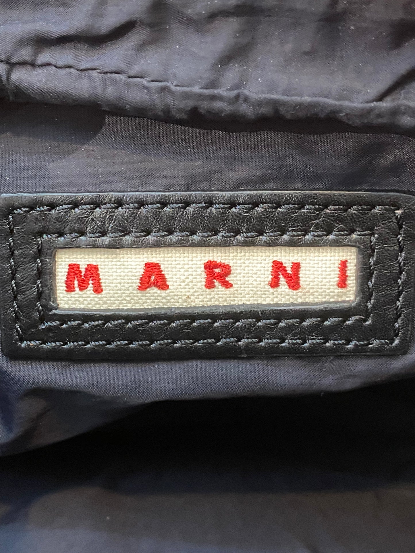Marni black canvas pouch bag w leather handle & beaded keychain