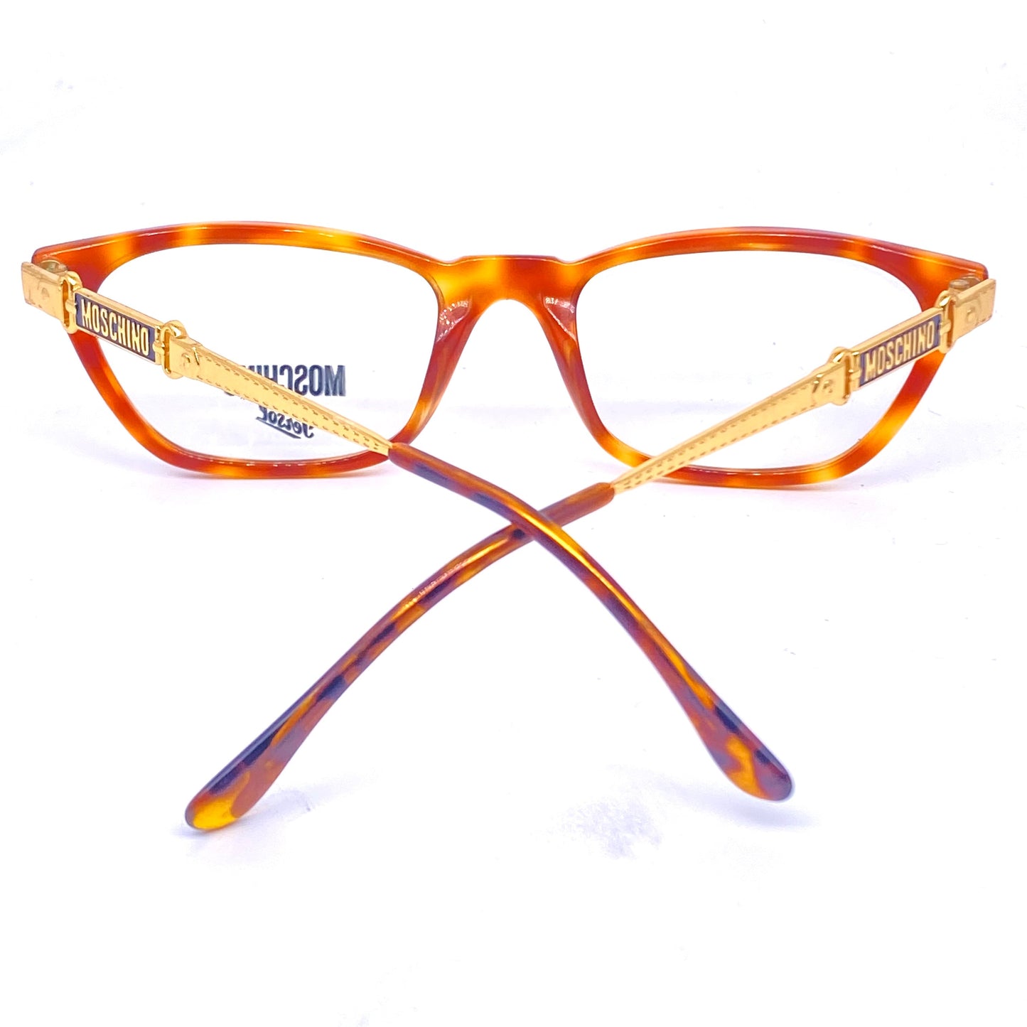 Moschino Persol square demi blonde eyeglasses with carved golden metal belt/buckle temples, so cute and minty