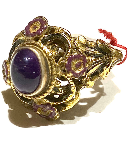 Amethyst & purple daisies gold plated 925 silver ring, 60s NOS
