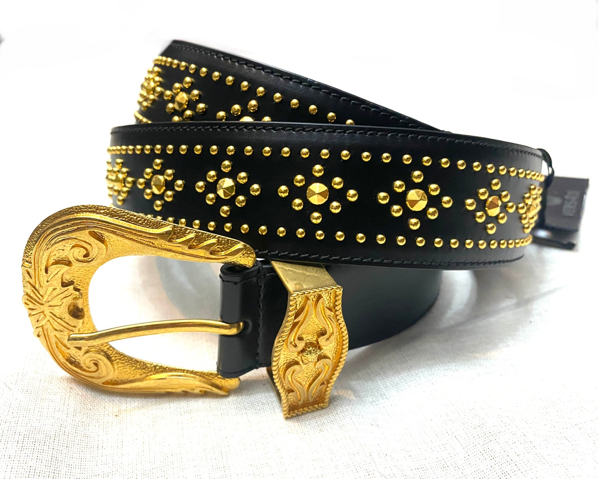 Versace Heritage western style black belt with golden buckle and studs, New