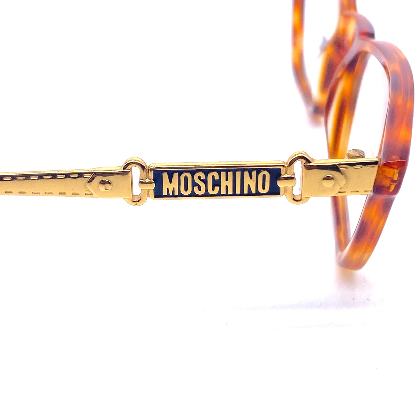 Moschino Persol square demi blonde eyeglasses with carved golden metal belt/buckle temples, so cute and minty