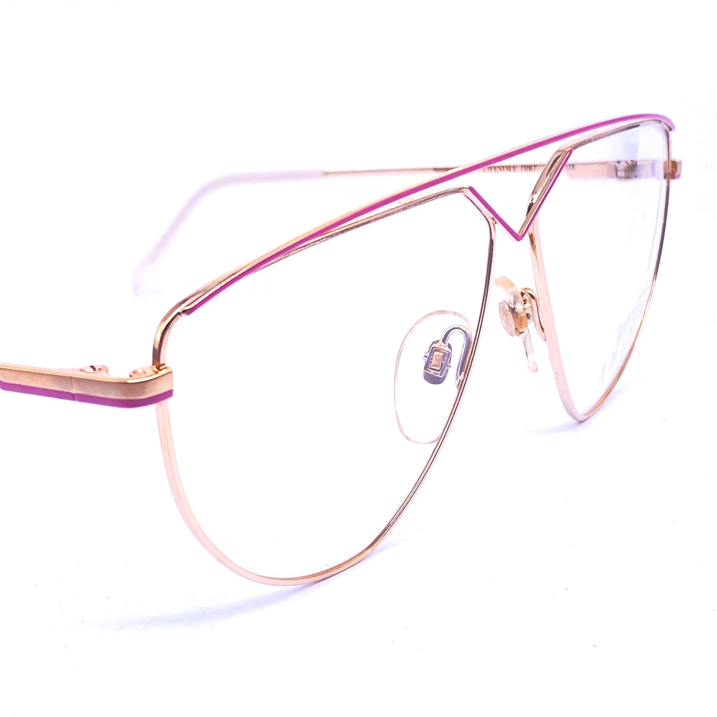 Rodenstock Lifestyle modernist gold aviator with geometrical detail and pink enamel, NOs 80s Germany