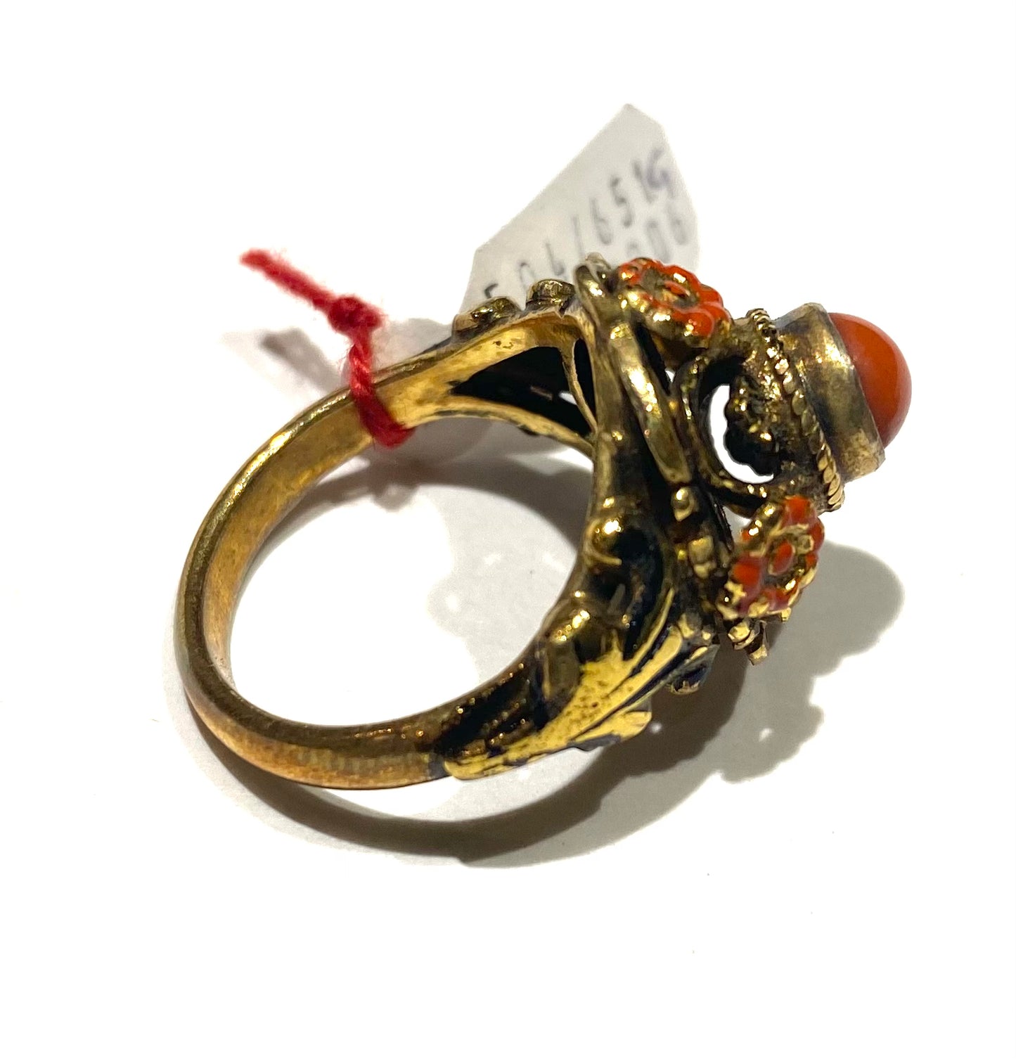 Baroque gold plated ring with natural coral & hand enamels, NOS 60s