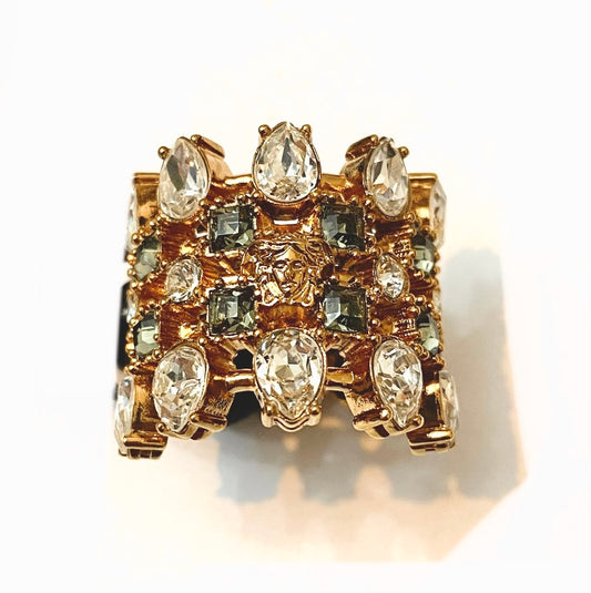 Versace chunky golden metal medusa & white/grey crystals ring, BNWT