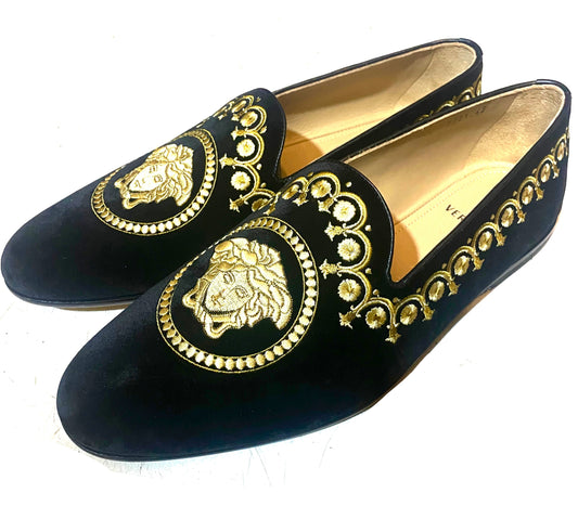 Versace golden Medusa embroidered black velvet sleepers shoes, New & Boxed