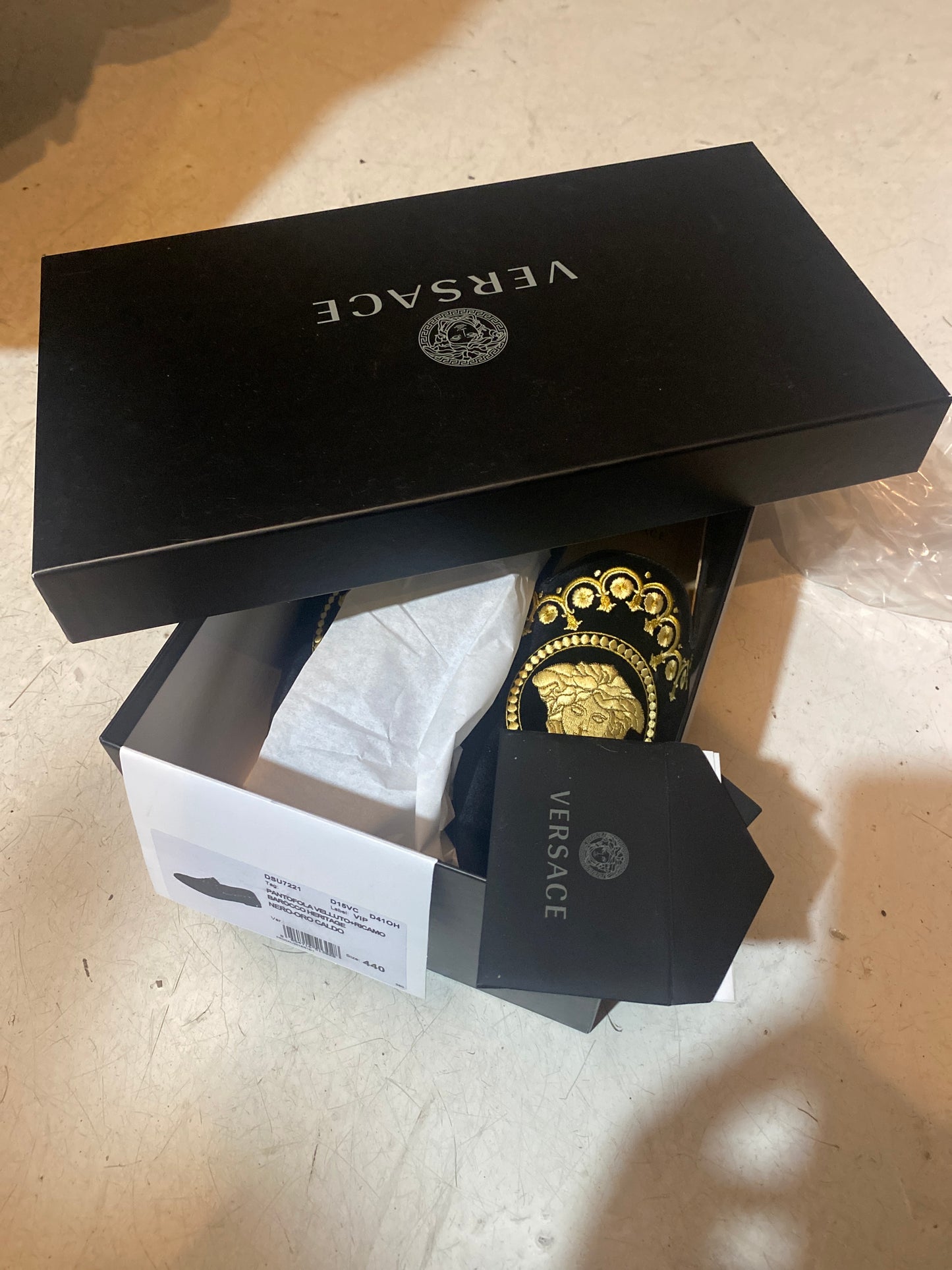 Versace golden Medusa embroidered black velvet sleepers shoes, New & Boxed