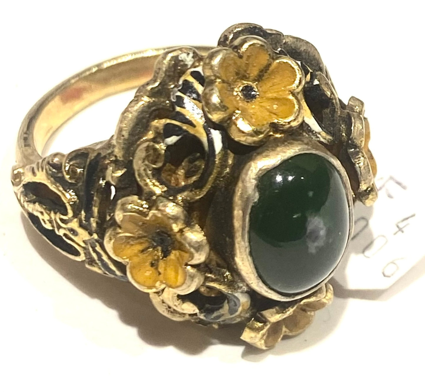 Baroque Italian style green agate Gold plated silver ring, hand enameled